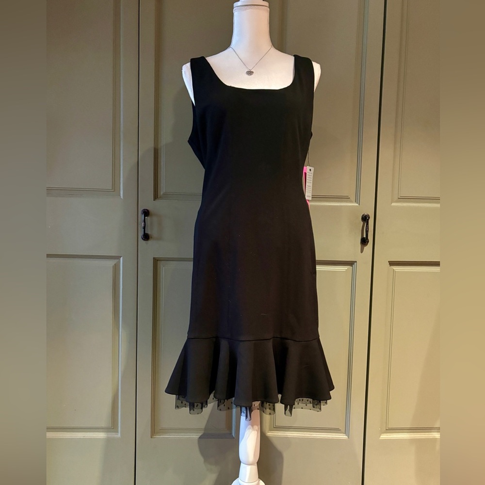 NWT size 12 Black rayon back zip dress with lace trim by Betsy Johnson.